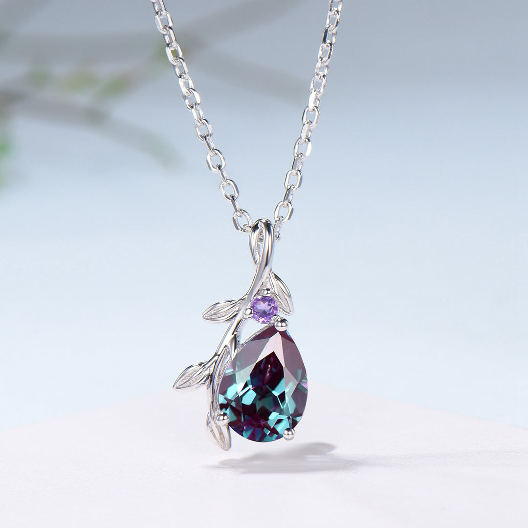 Fairy Core Aesthetic Alexandrite Necklace Color Changing Gemstone Pendant with Amethyst Accent - PENFINE