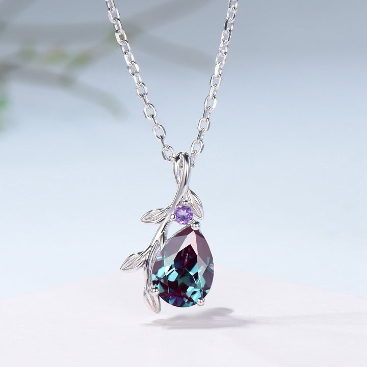Fairy Core Aesthetic Alexandrite Necklace Color Changing Gemstone Pendant with Amethyst Accent - PENFINE