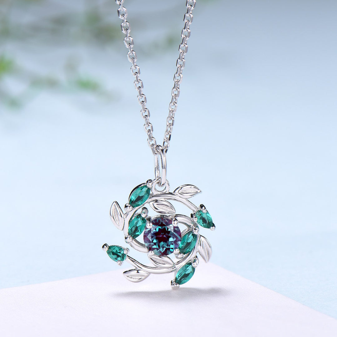 Unique Nature Inspired Alexandrite Necklace Vintage Marquise Pear Emerald Necklace Elegant Snowflake Pendant Anniversary gift for daughter - PENFINE