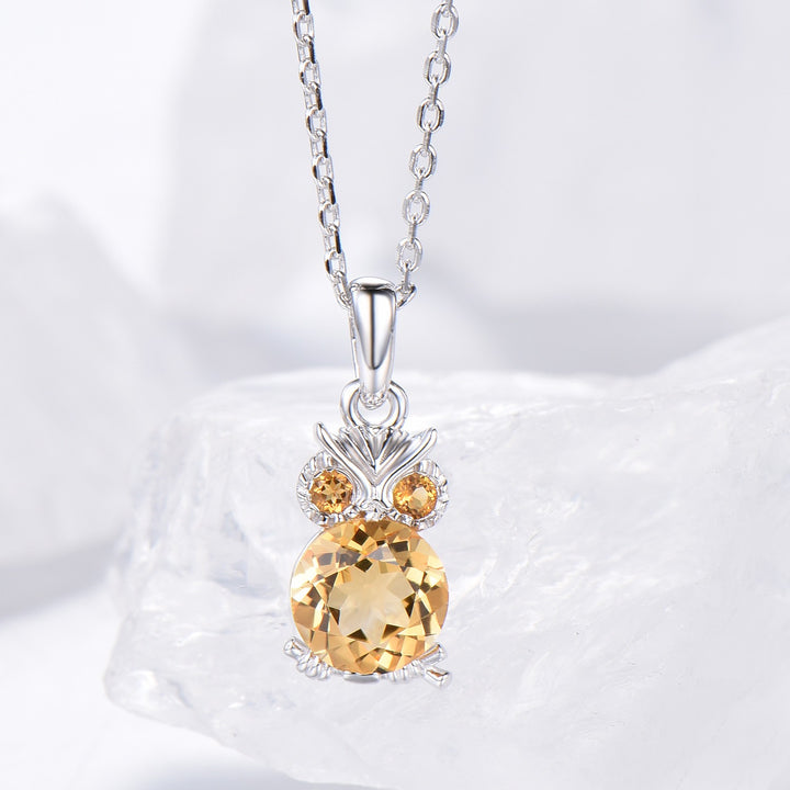 Unique Cute Owl Natural Citrine Wedding Necklace Sterling Silver Yellow Gold Mother's Pendant Animal Inspired Anniversary Gift for Daughter - PENFINE