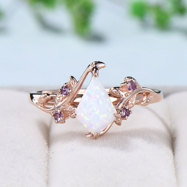 Vintage kite cut opal amethyst engagement ring natural inspired fire opal engagement ring rose gold art deco leaves branch wedding ring - PENFINE