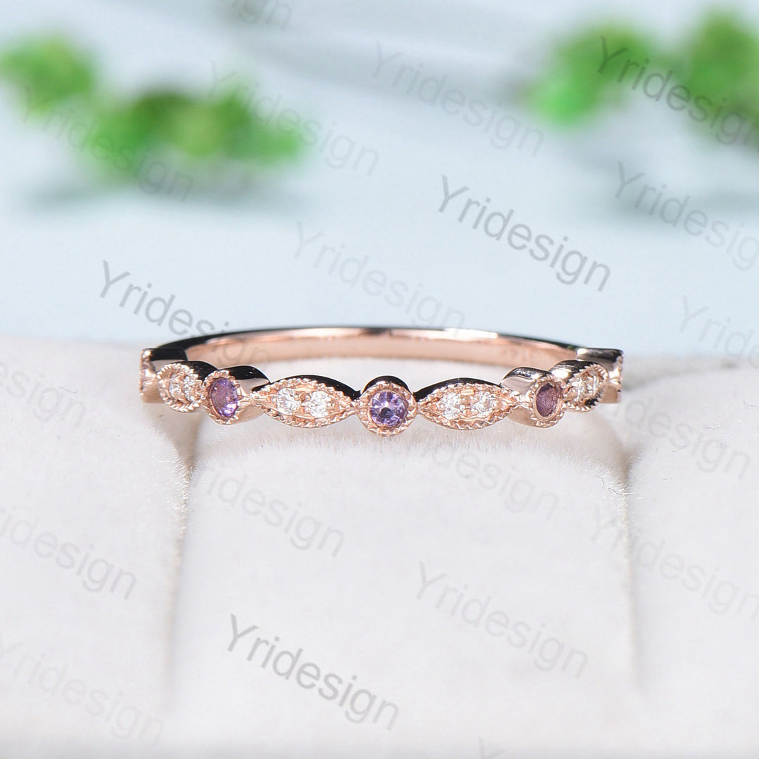 Luxe Tiara Half Eternity Amethyst And Diamond Wedding Band- Art Deco - PENFINE