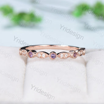 Luxe Tiara Half Eternity Amethyst And Diamond Wedding Band- Art Deco - PENFINE
