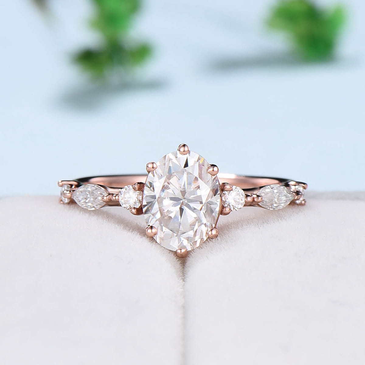Vintage 1.5Ct Oval Moissanite engagement ring set unique rose gold wedding ring set crown alexandrite stacking band Bridal Promise ring - PENFINE