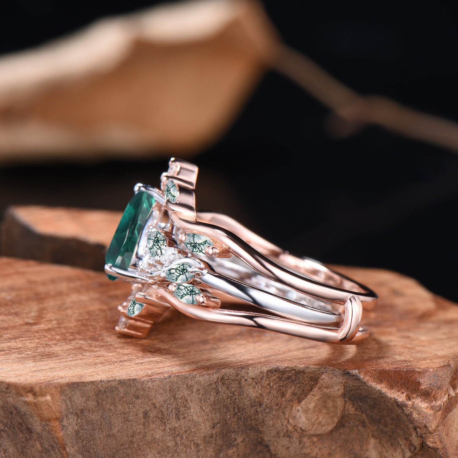 Pear Shaped Emerald Wedding Ring Set Rose Gold Cluster Enhancer Moss Agate Bridal Set