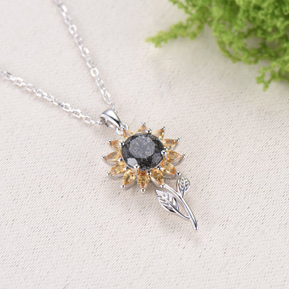 Black Rutilated Quartz Sunflower Necklace, Citrine Halo, 14K Gold Floral Pendant - PENFINE