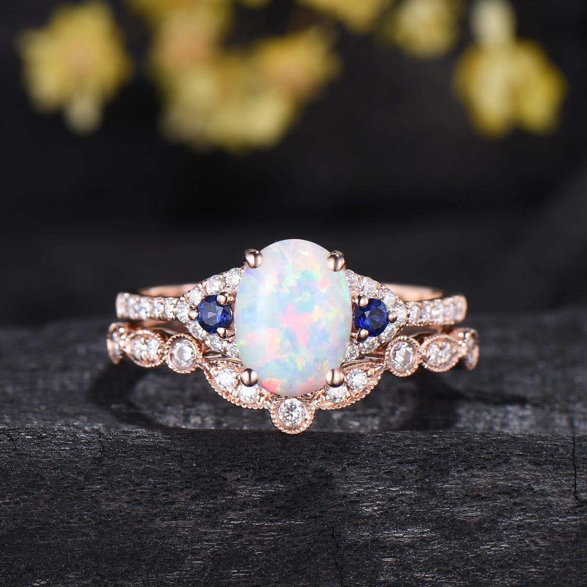 1.5CT Vintage Oval Fire White Opal Engagement Ring: Cluster Blue Sapphire Art Deco Band
