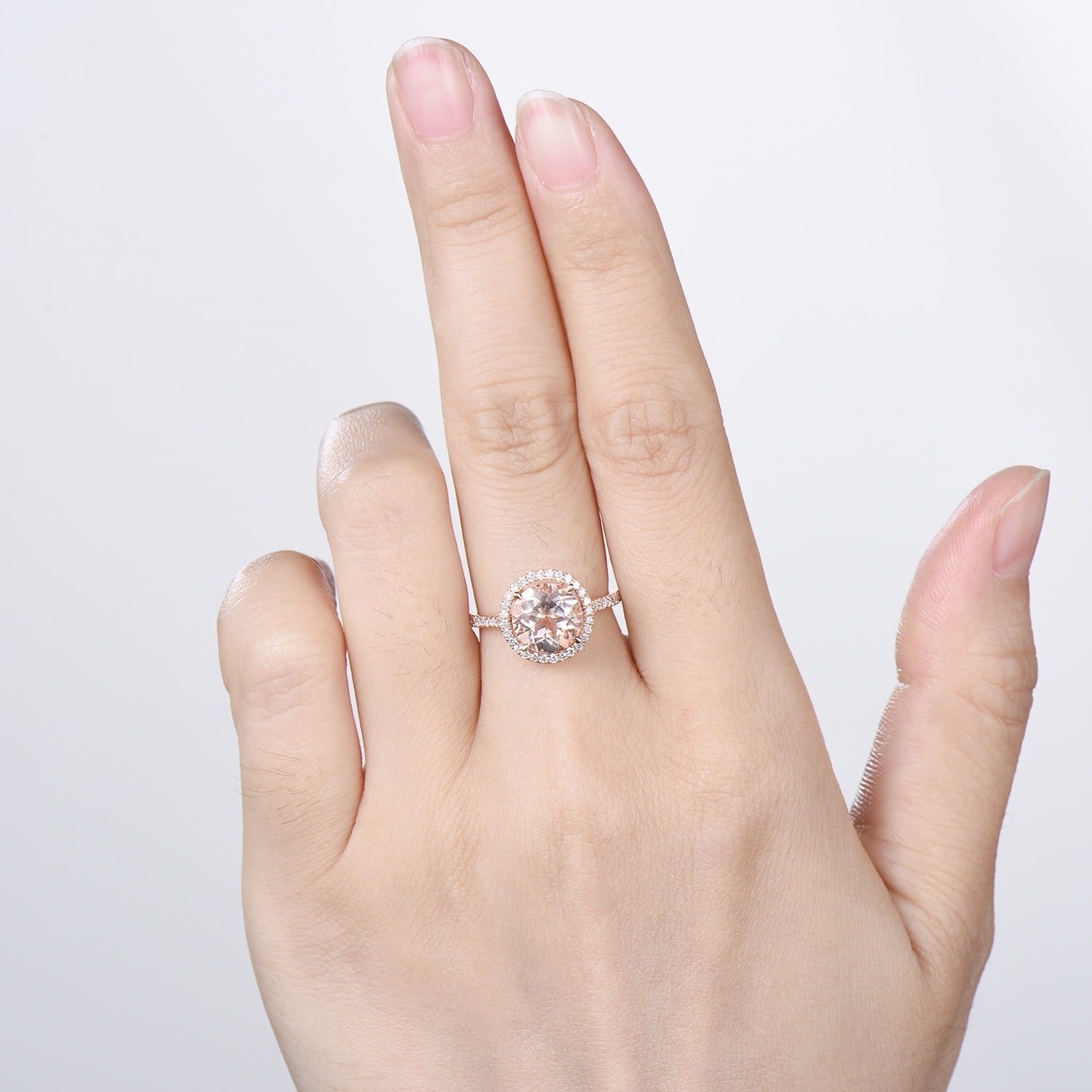 Retro Round Cut Morganite Engagement Ring Rose Gold, Hidden Diamond Halo Basket Setting