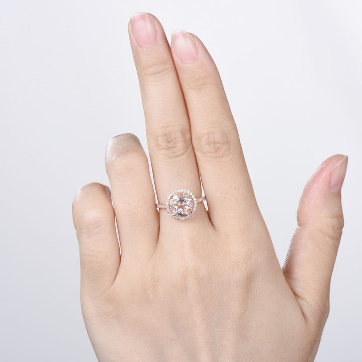 Retro Round Cut Morganite Engagement Ring Rose Gold, Hidden Diamond Halo Basket Setting