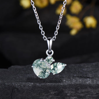 Three Stone 1.5CT Natural Oval Moss Agate Necklace Pendant