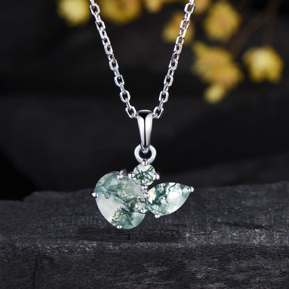 Three Stone 1.5CT Natural Oval Moss Agate Necklace Pendant