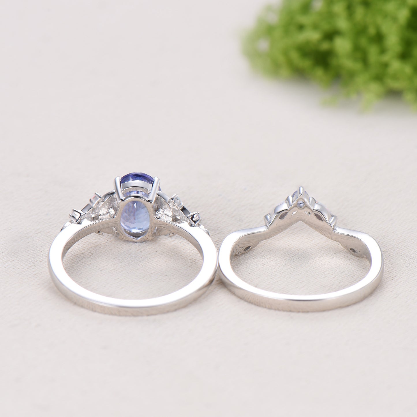 Floral Oval Tanzanite Engagement Ring Set, White Gold Twig Vine Opal Band, Nature Inspired Wedding Bridal Set
