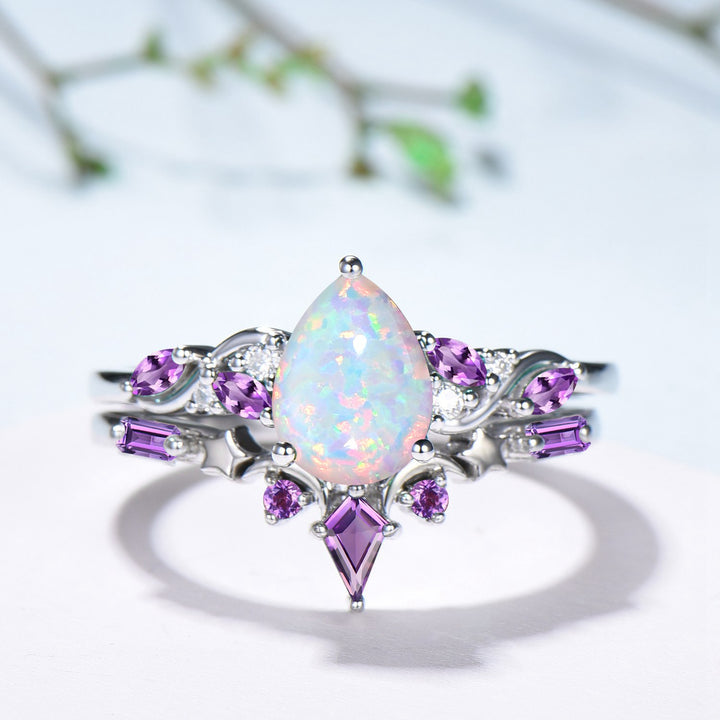 Pear Shaped White Opal Engagement Ring Set: Enchanted Moonlit Opal & Amethyst Set - PENFINE