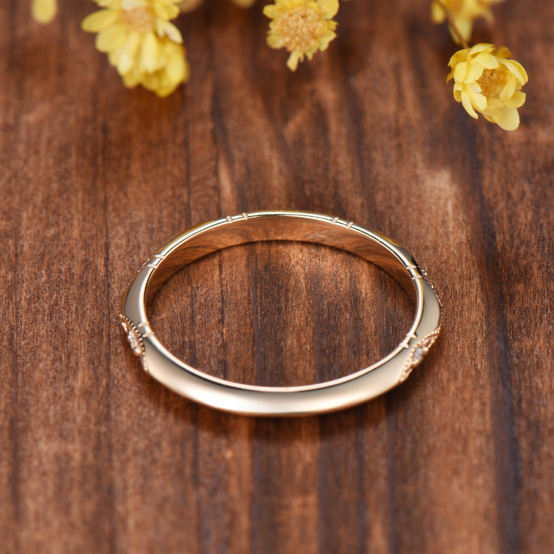 Art Deco Milgrain Diamond Wedding Band, 14K Yellow Gold Vintage Marquise Stacking Ring