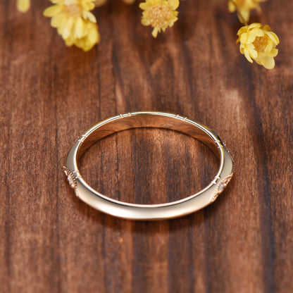 Art Deco Milgrain Diamond Wedding Band, 14K Yellow Gold Vintage Marquise Stacking Ring