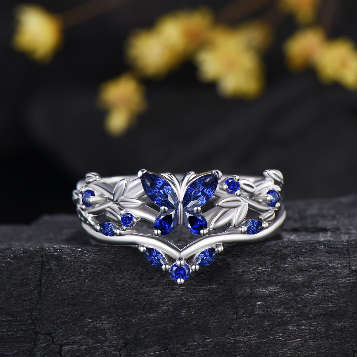 Blue Sapphire Butterfly Bridal Ring Set Leaf Twisted White Gold Engagement Ring