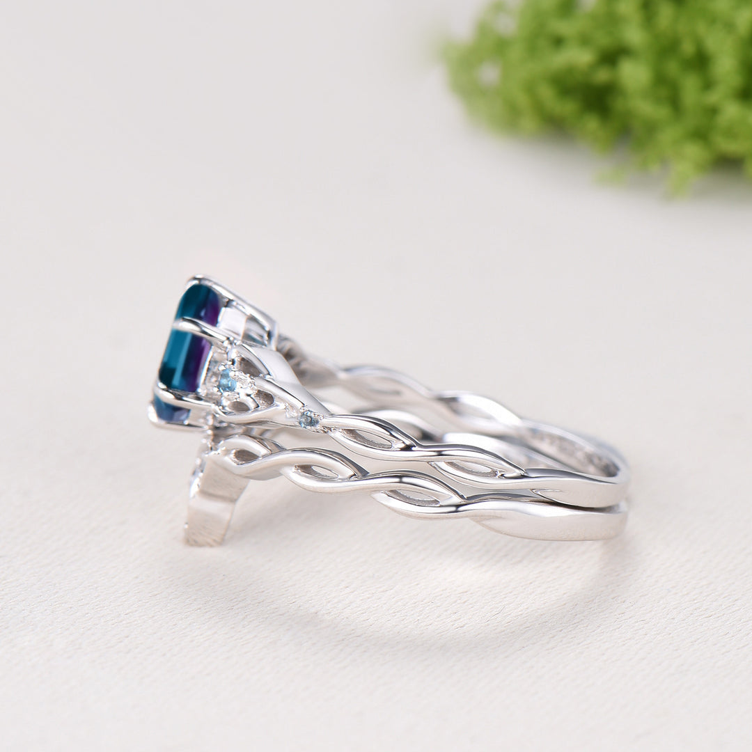 Norse Viking Hexagon Cut Alexandrite Engagement Ring Set Celtic Love Knot Swiss Topaz Band Unique Wedding Ring Set Promise Gifts Women