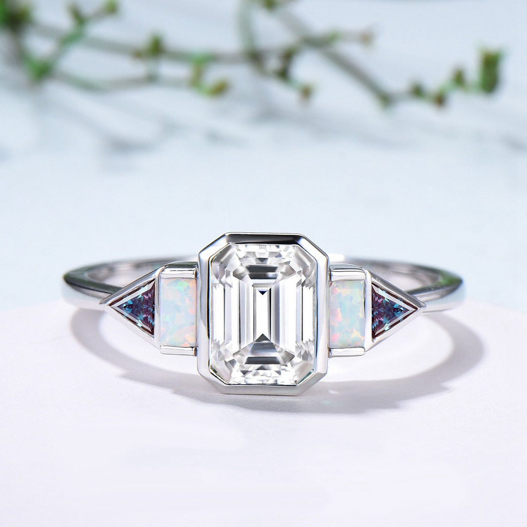 Bezel Set Emerald Cut Moissanite Engagement Ring 14K White Gold Five Stone Baguette Opal &Trillian Alexandrite Wedding Band Anniversary Ring - PENFINE