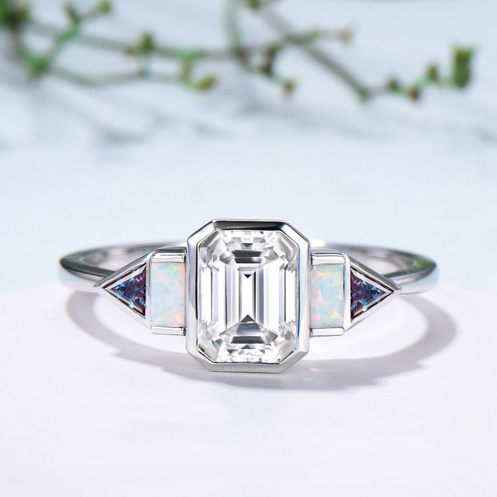 Bezel Set Emerald Cut Moissanite Engagement Ring 14K White Gold Five Stone Baguette Opal &Trillian Alexandrite Wedding Band Anniversary Ring - PENFINE