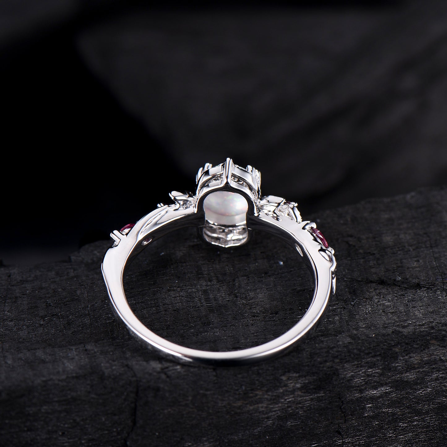 Vintage White Opal Ring | Gothic Celestial Crescent Moon & Ruby Accent Design
