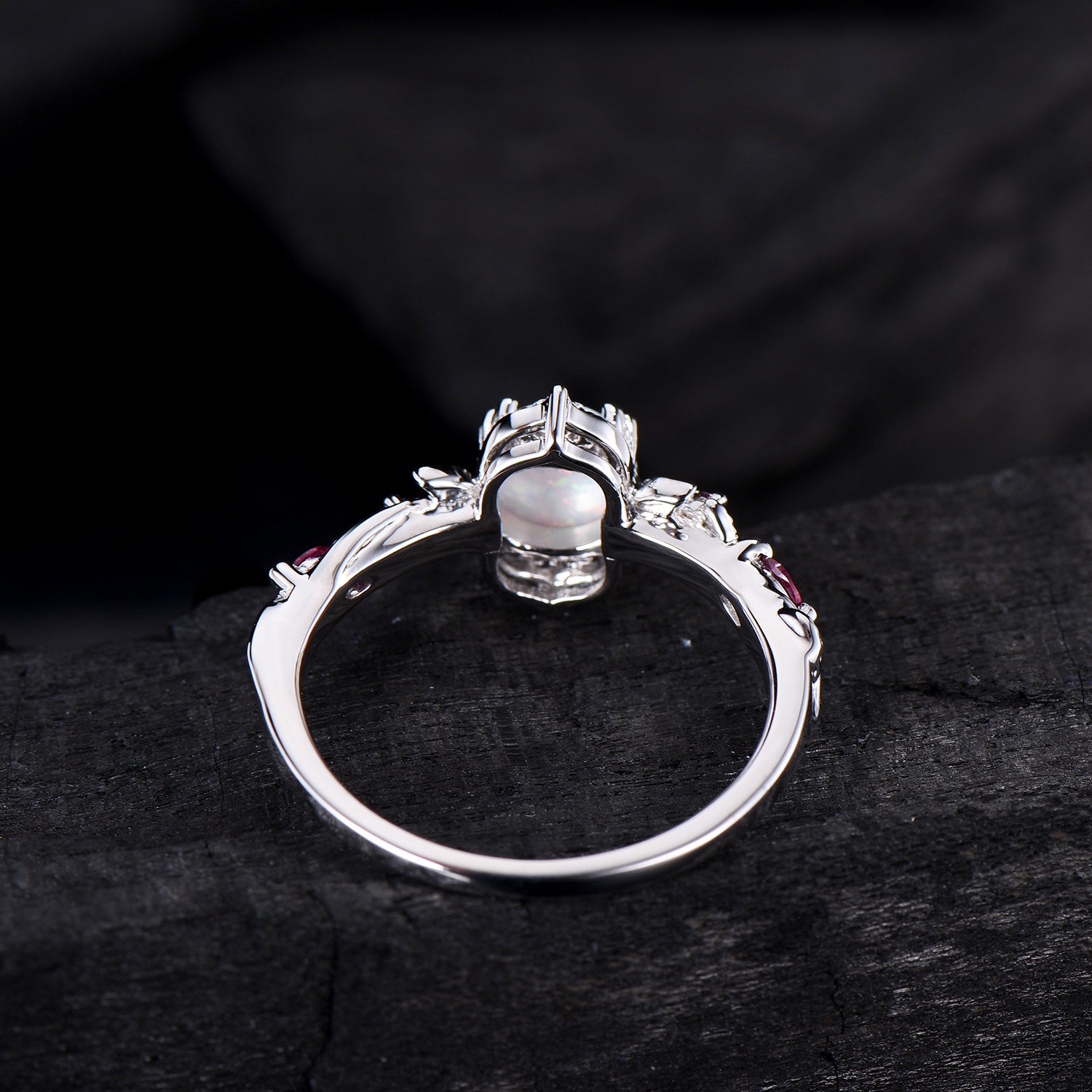 Vintage White Opal Ring | Gothic Celestial Crescent Moon & Ruby Accent Design