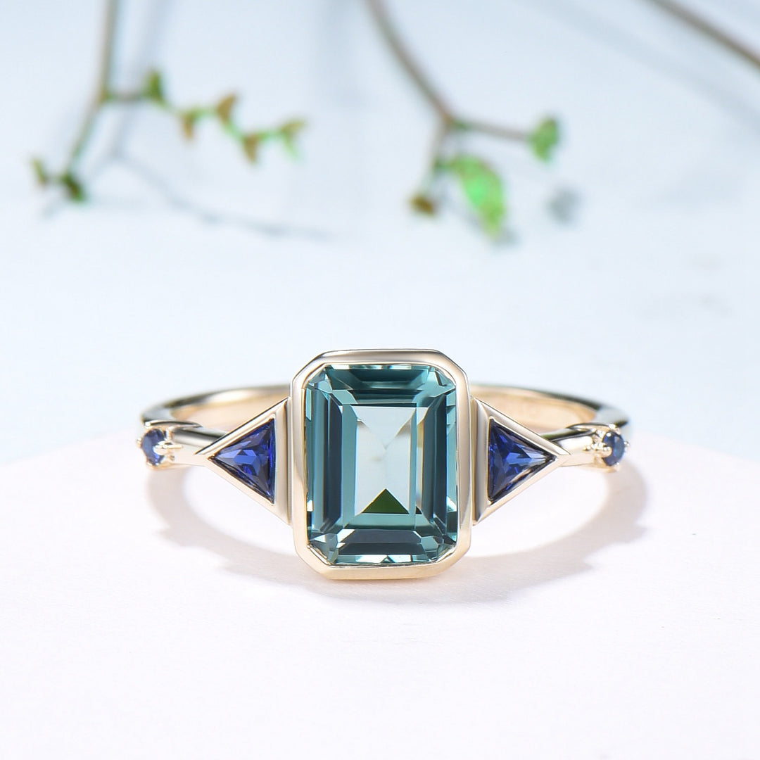 Unique Emerald Cut Green Sapphire Engagement Ring Bezel Set Trillion Blue Sapphire Five Stone Wedding Ring Anniversary Ring Gift for Women - PENFINE