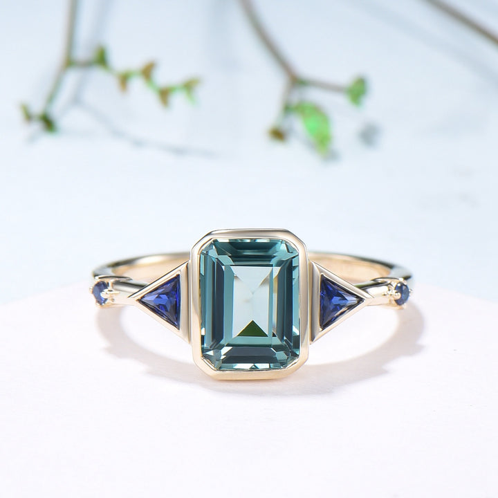 Unique Emerald Cut Green Sapphire Engagement Ring Bezel Set Trillion Blue Sapphire Five Stone Wedding Ring Anniversary Ring Gift for Women - PENFINE