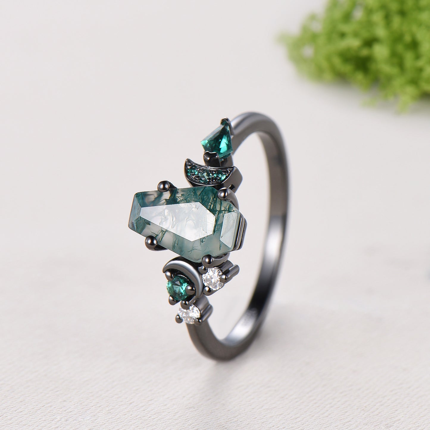 Coffin cut moss agate ring Black gold gothic engagement ring moon design cluster emerald wedding ring unique anniversary promise ring women