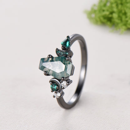 Coffin cut moss agate ring Black gold gothic engagement ring moon design cluster emerald wedding ring unique anniversary promise ring women