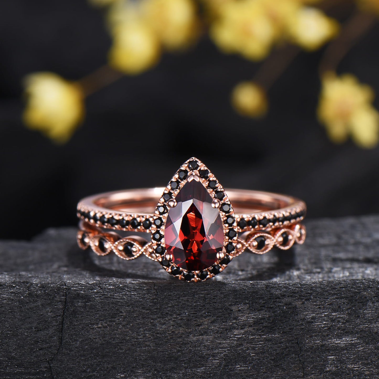 Vintage Garnet Engagement Ring Set Rose Gold 5x8 mm Pear Shaped January Birthstone Wedding Ring Art Deco Black Spinel Band Bridal Set