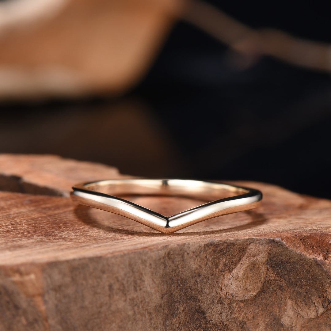 Curved V Wedding Band For Women /Simple Matching Ring / 14K rose gold solitaire stacking ring / Plain ring Anniversary Gift - PENFINE