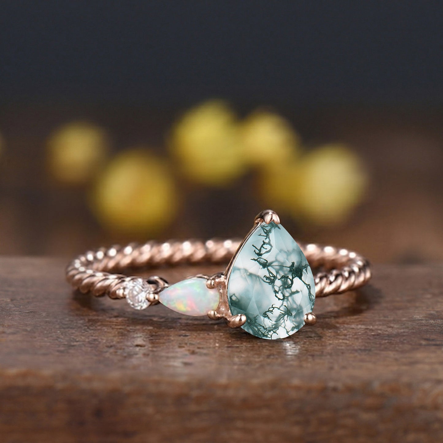 Vintage Moss Agate Opal Ring, 14k Rose Gold Twisted Band, Celestial Wedding Anniversary Gift