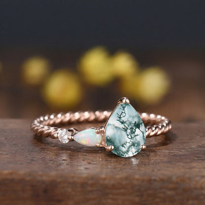 Vintage Moss Agate Opal Ring, 14k Rose Gold Twisted Band, Celestial Wedding Anniversary Gift