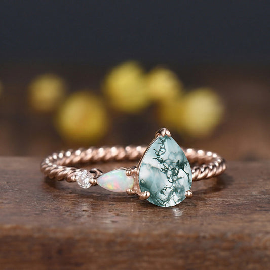 Vintage Moss Agate Opal Ring, 14k Rose Gold Twisted Band, Celestial Wedding Anniversary Gift