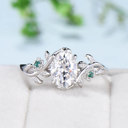 Vintage Floral moissanite emerald wedding ring set Nature Inspired flower engagement ring set unique twig leaf branch bridal ring set women - PENFINE