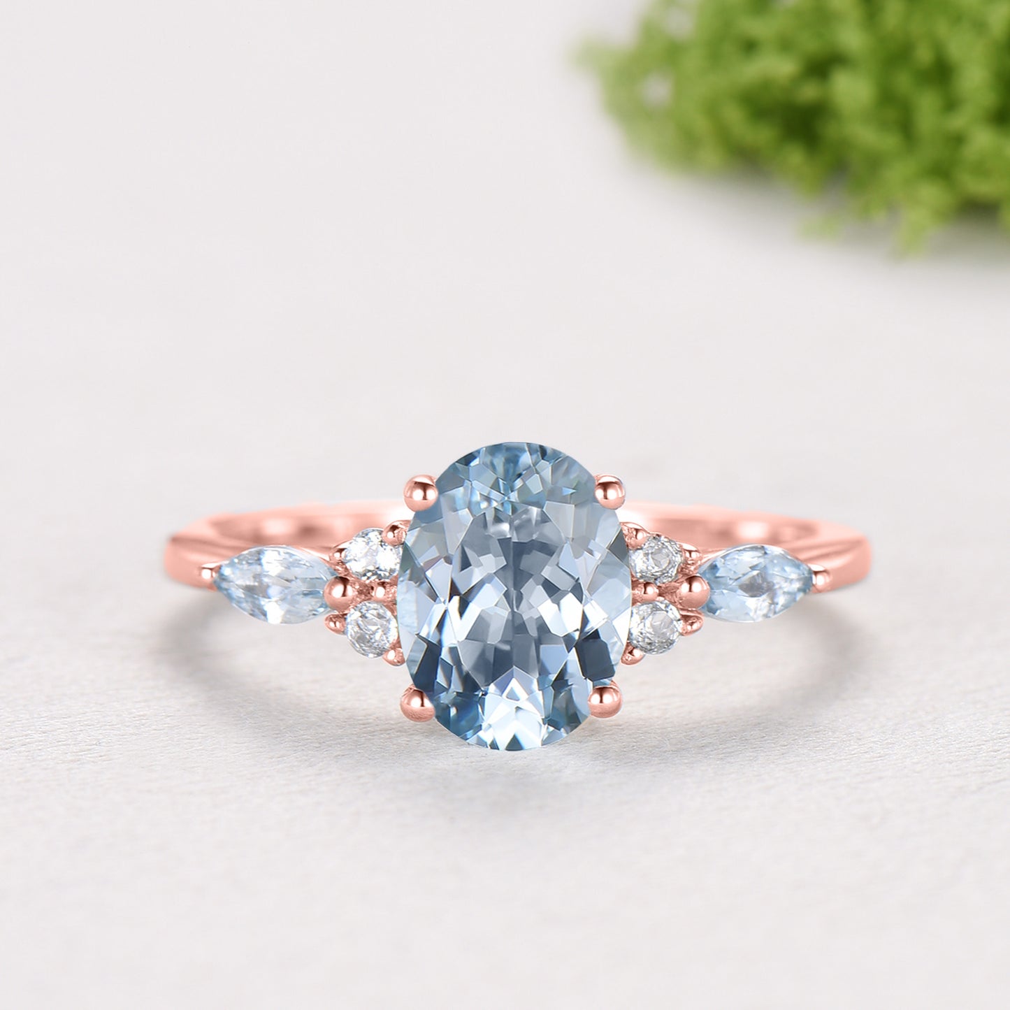 1.5CT Oval Natural Aquamarine Engagement Ring Set Cluster Marquise Gem Wedding Set March Birthstone Enhancer Band