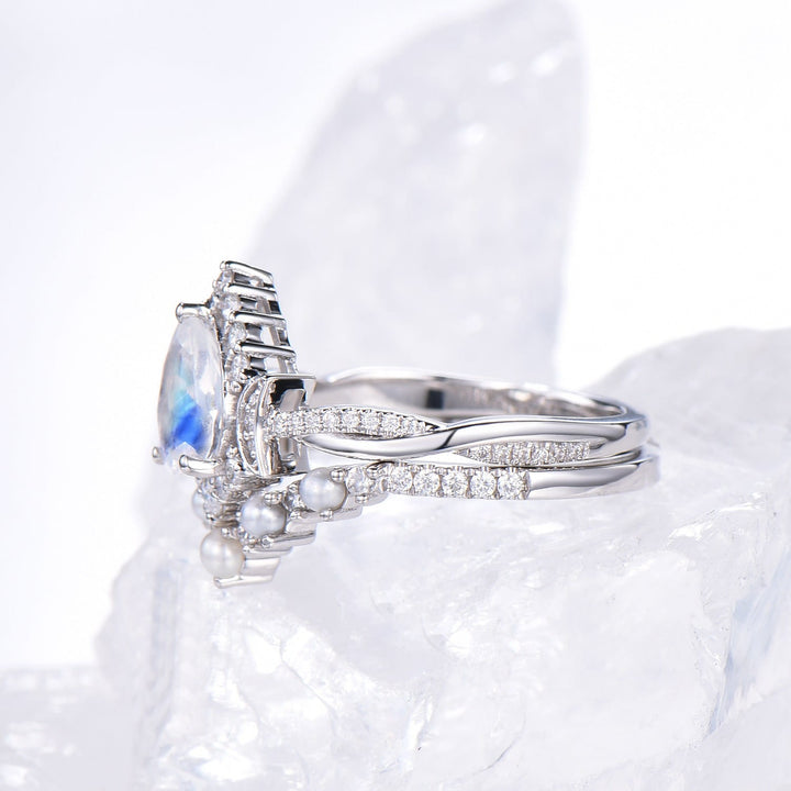 Vintage moonstone engagement ring halo diamond twisted June birthstone moon alexandrite wedding ring set white gold unique pearl bridal set - PENFINE