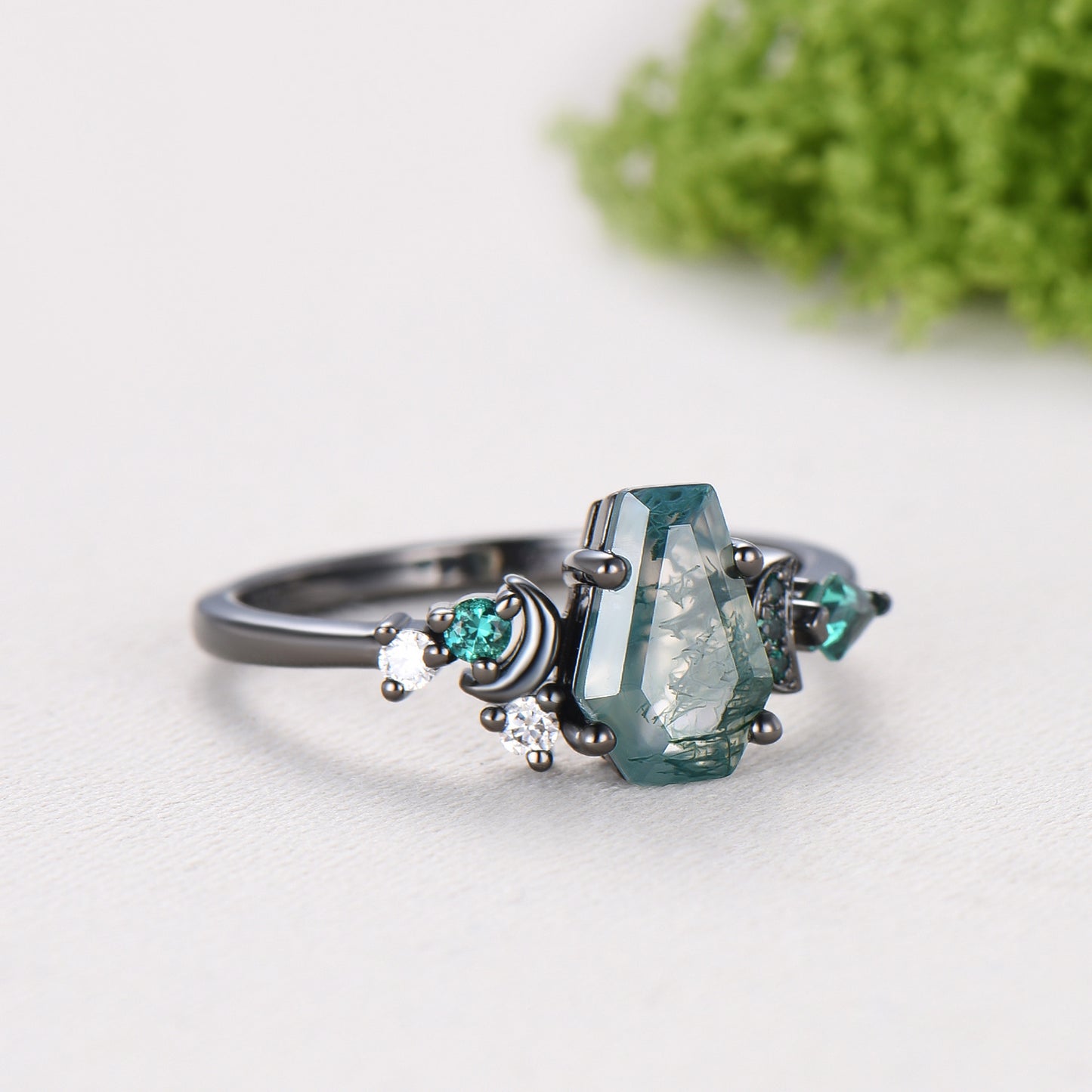 Coffin cut moss agate ring Black gold gothic engagement ring moon design cluster emerald wedding ring unique anniversary promise ring women
