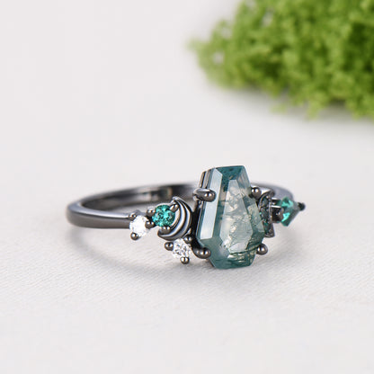 Coffin cut moss agate ring Black gold gothic engagement ring moon design cluster emerald wedding ring unique anniversary promise ring women