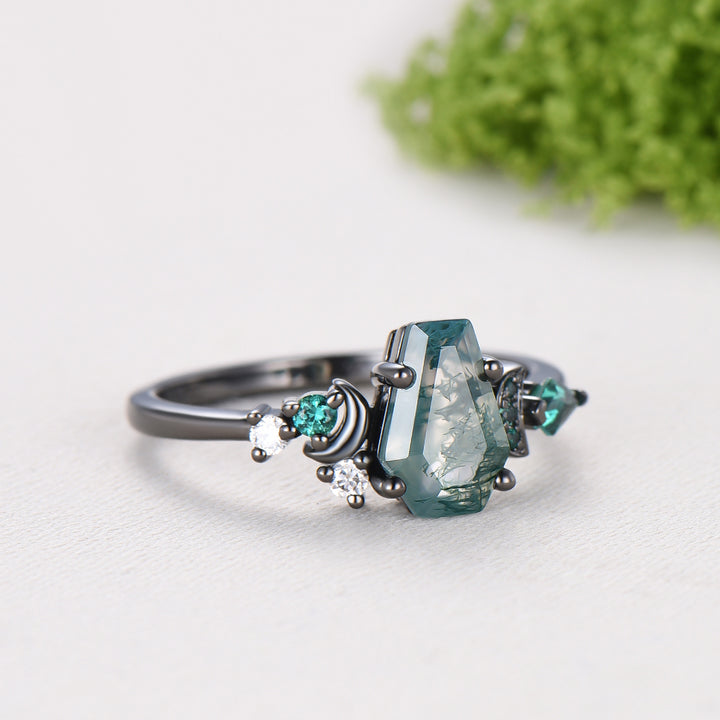 Coffin cut moss agate ring Black gold gothic engagement ring moon design cluster emerald wedding ring unique anniversary promise ring women