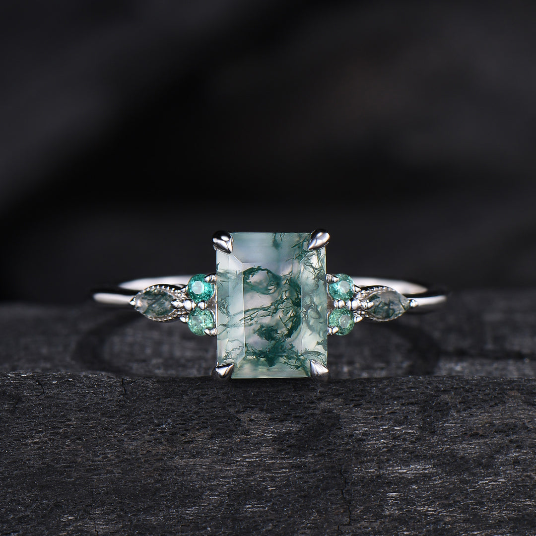 Unique Emerald Cut Natural Moss Agate Engagement Ring Set Seven Stone Green Gemstone Wedding Ring Set 14K Rose Gold Emerald Bridal Set Women - PENFINE