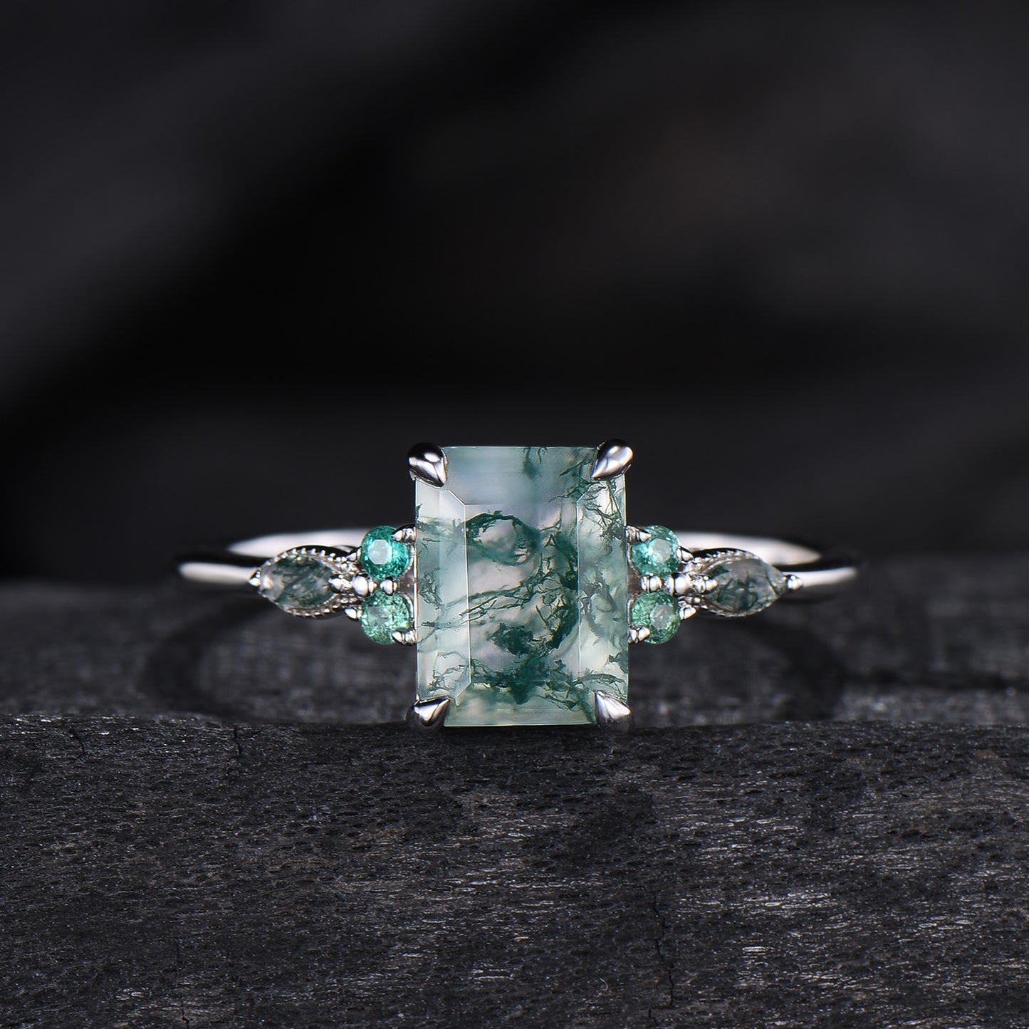 Unique Emerald Cut Natural Moss Agate Engagement Ring Set Seven Stone Green Gemstone Wedding Ring Set 14K Rose Gold Emerald Bridal Set Women - PENFINE