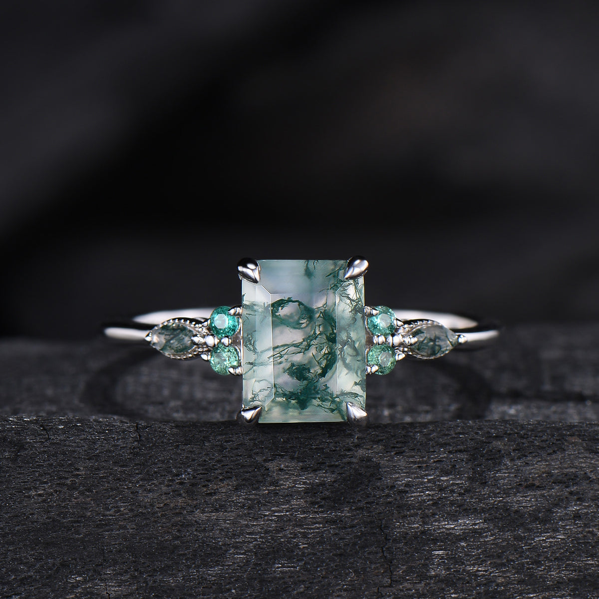 Unique Emerald Cut Natural Moss Agate Engagement Ring Set Seven Stone Green Gemstone Wedding Ring Set 14K Rose Gold Emerald Bridal Set Women - PENFINE