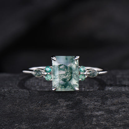 Unique Emerald Cut Natural Moss Agate Engagement Ring Set Seven Stone Green Gemstone Wedding Ring Set 14K Rose Gold Emerald Bridal Set Women - PENFINE
