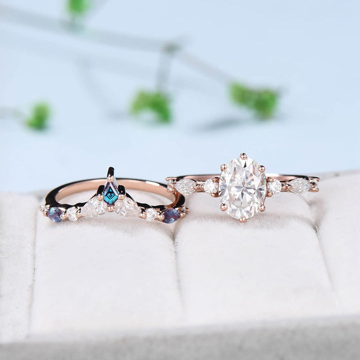 Vintage 1.5Ct Oval Moissanite engagement ring set unique rose gold wedding ring set crown alexandrite stacking band Bridal Promise ring - PENFINE