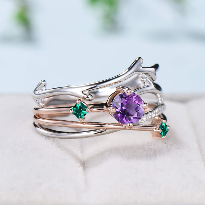 Two-tone gold Twig amethyst engagement ring set dainty Leaf green emerald branch wedding set women Unique natural inspired anniversary gift - PENFINE