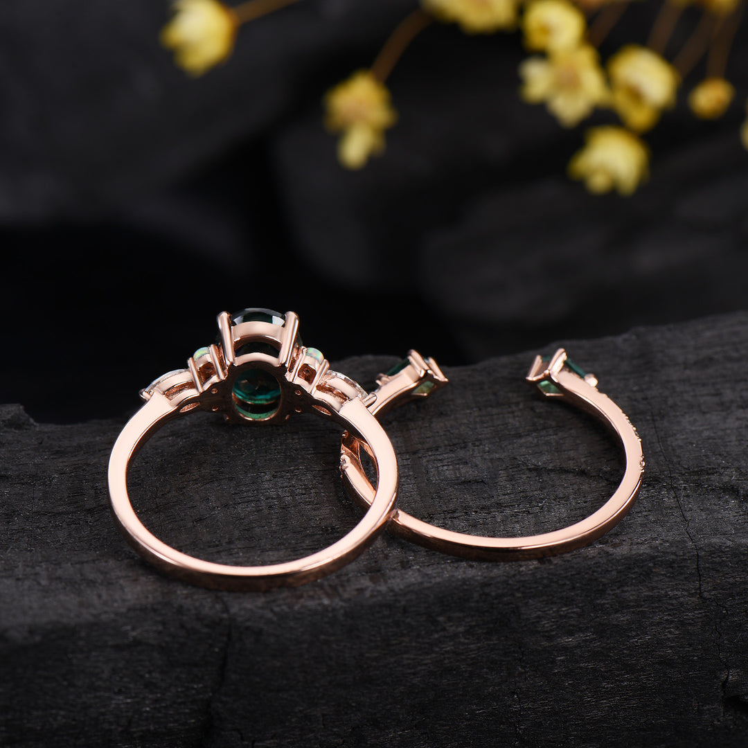 1.5ct Oval Cut Emerald Engagement Ring Set 14K Rose Gold Green Wedding Ring Opal Moissanite Bridal Set Unique Anniversary Gift for Women