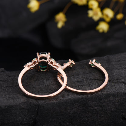 1.5ct Oval Cut Emerald Engagement Ring Set 14K Rose Gold Green Wedding Ring Opal Moissanite Bridal Set Unique Anniversary Gift for Women