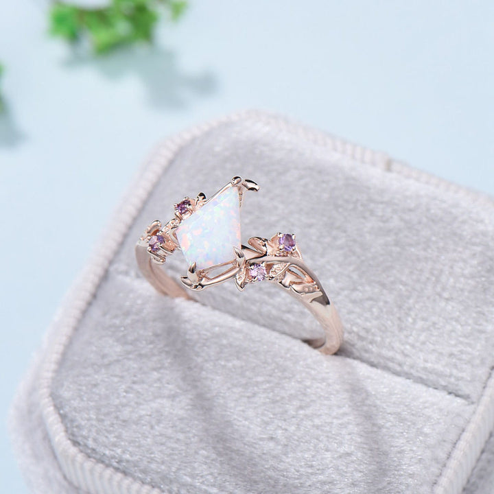 Vintage kite cut opal amethyst engagement ring natural inspired fire opal engagement ring rose gold art deco leaves branch wedding ring - PENFINE