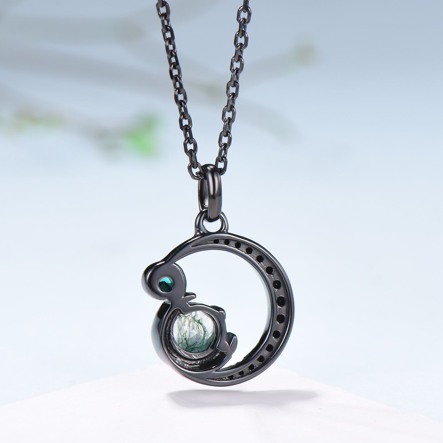 Unique Black Gold Green Moss Agate Necklace Magic Crescent Moon Dainty Agate Pendant Necklace Halloween Gothic Anniversary Gift for Daughter - PENFINE